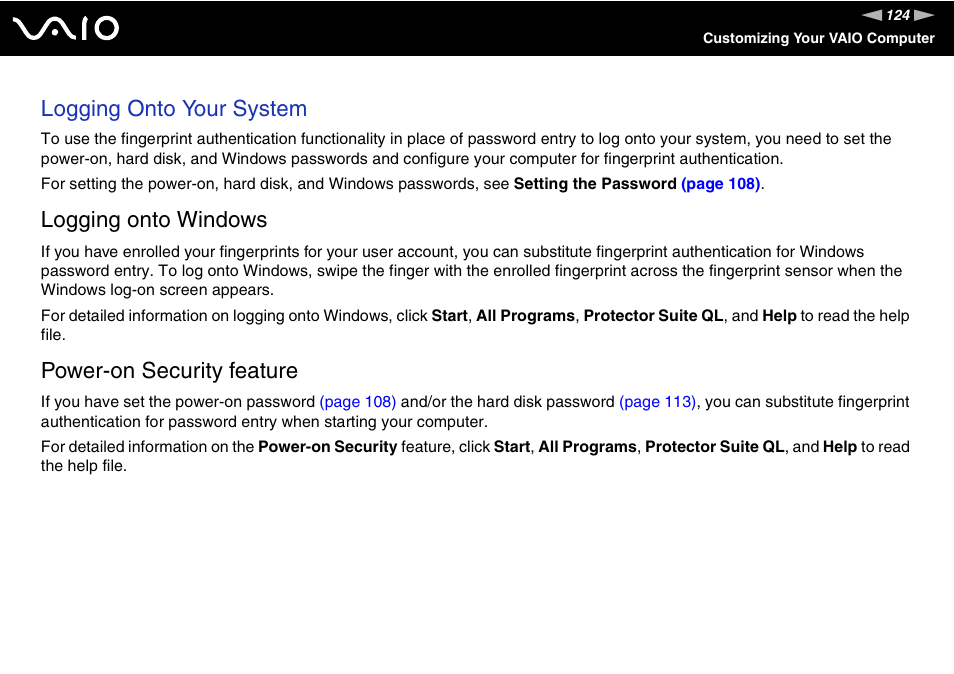 Logging onto your system, Logging onto windows, Power-on security feature | Sony VAIO VGN-SZ700 User Manual | Page 124 / 235