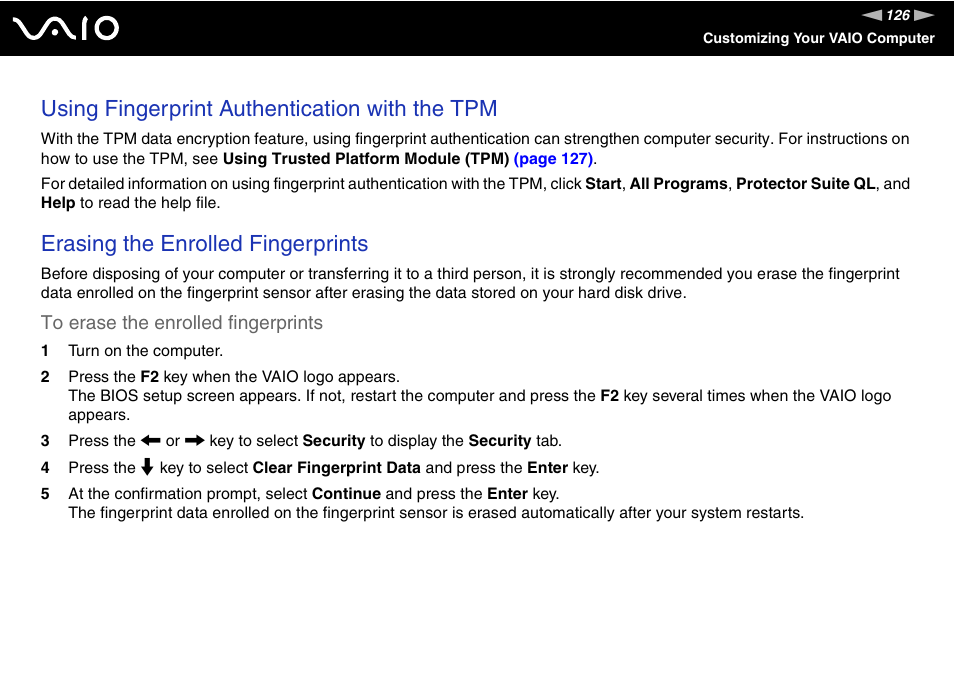 Using fingerprint authentication with the tpm, Erasing the enrolled fingerprints | Sony VAIO VGN-SZ700 User Manual | Page 126 / 235