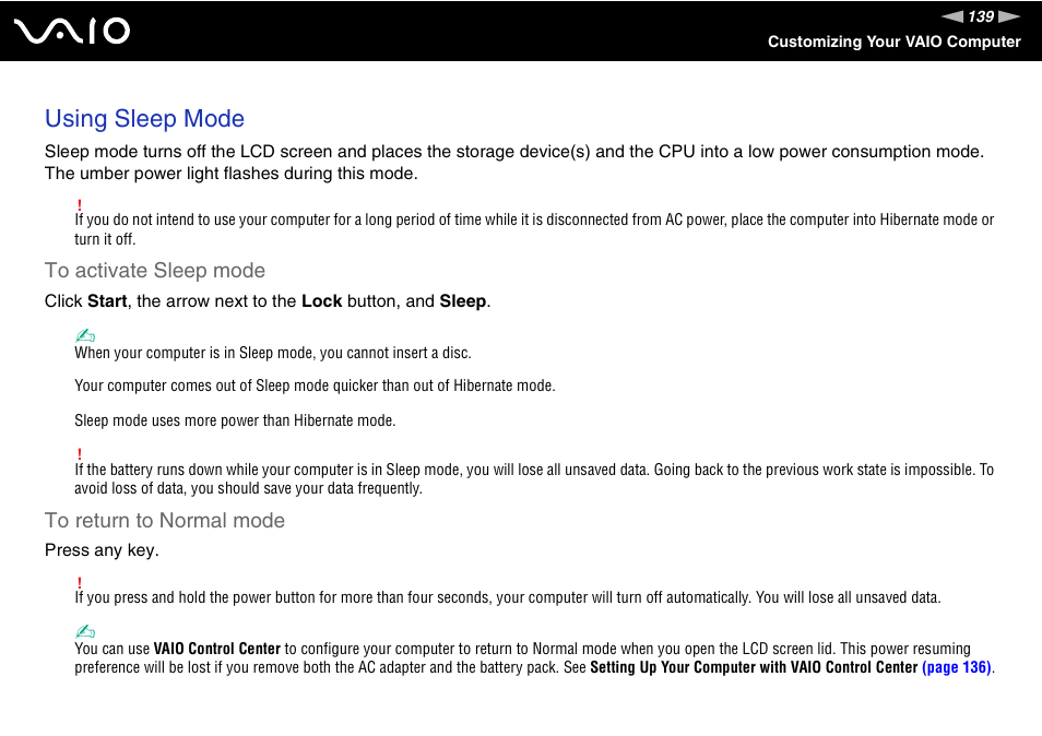 Using sleep mode | Sony VAIO VGN-SZ700 User Manual | Page 139 / 235