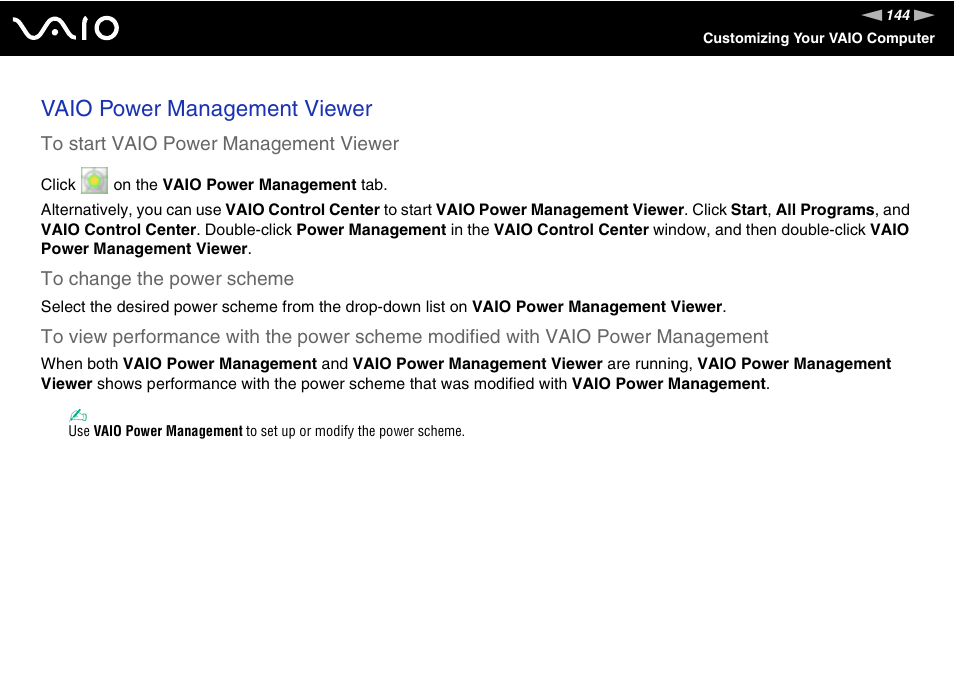 Vaio power management viewer | Sony VAIO VGN-SZ700 User Manual | Page 144 / 235