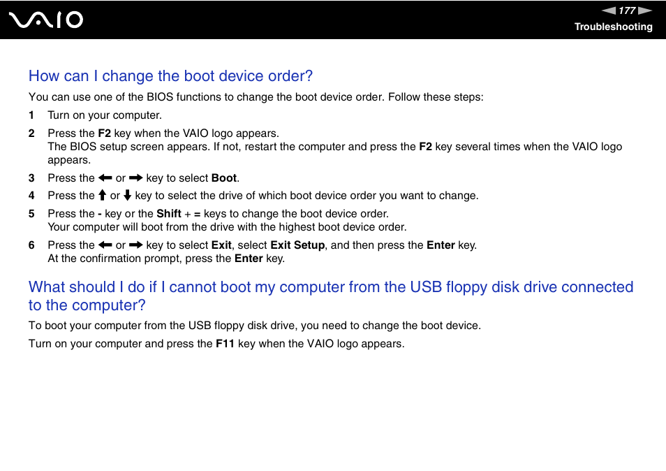 How can i change the boot device order | Sony VAIO VGN-SZ700 User Manual | Page 177 / 235