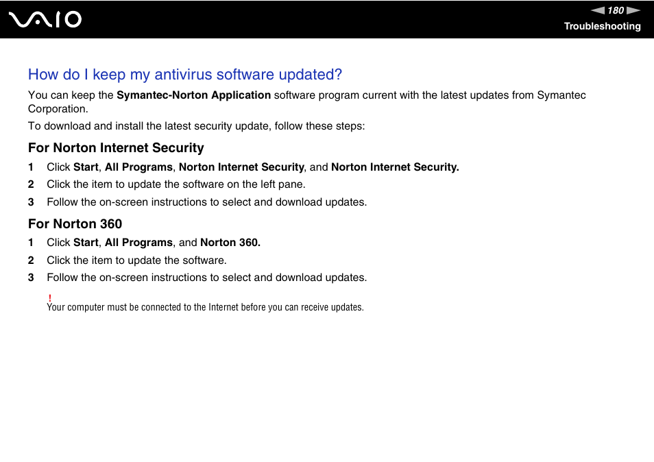 How do i keep my antivirus software updated, For norton internet security, For norton 360 | Sony VAIO VGN-SZ700 User Manual | Page 180 / 235