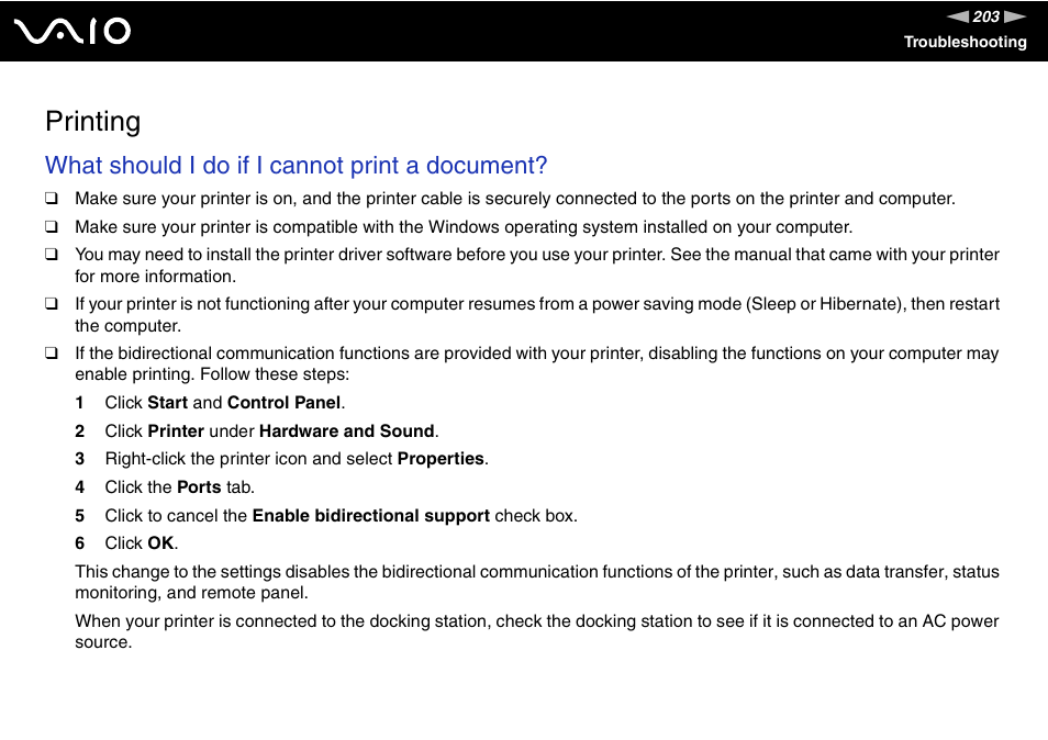 Printing, Inting, What should i do if i cannot print a document | Sony VAIO VGN-SZ700 User Manual | Page 203 / 235