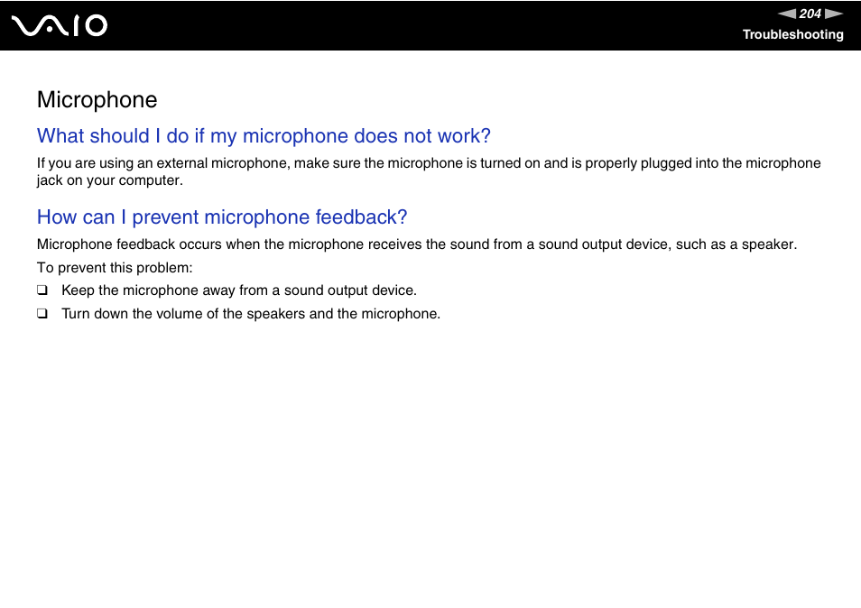 Microphone, What should i do if my microphone does not work, How can i prevent microphone feedback | Sony VAIO VGN-SZ700 User Manual | Page 204 / 235