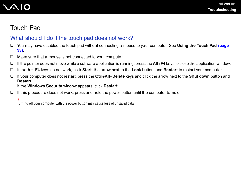 Touch pad, What should i do if the touch pad does not work | Sony VAIO VGN-SZ700 User Manual | Page 208 / 235