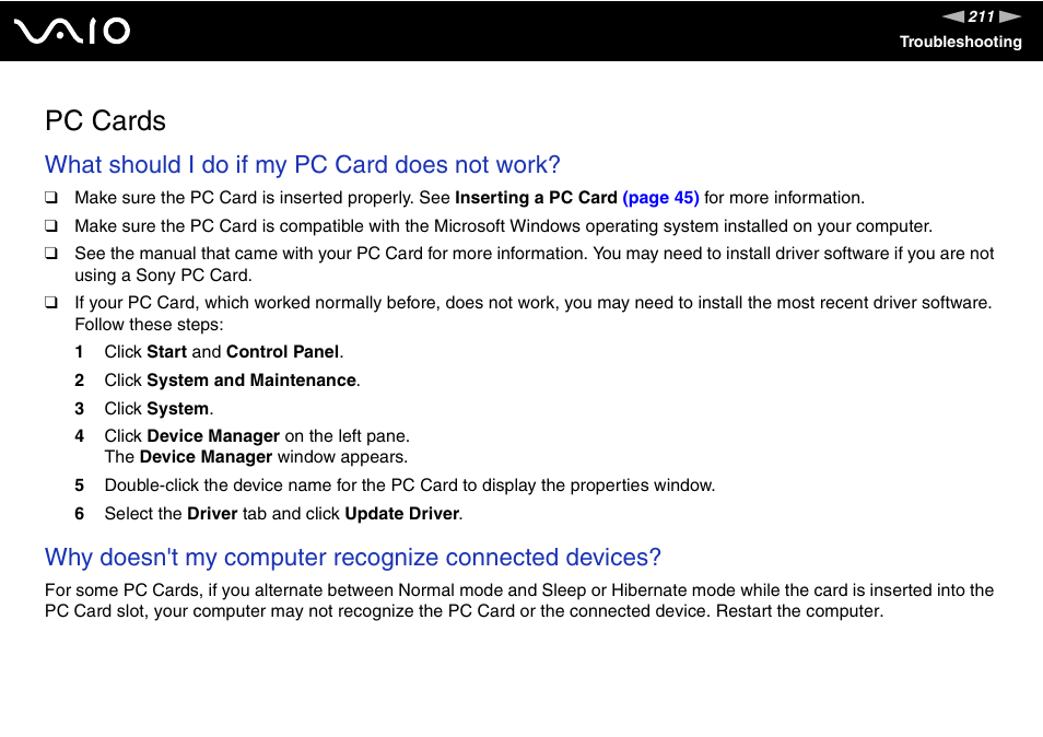 Pc cards, What should i do if my pc card does not work | Sony VAIO VGN-SZ700 User Manual | Page 211 / 235