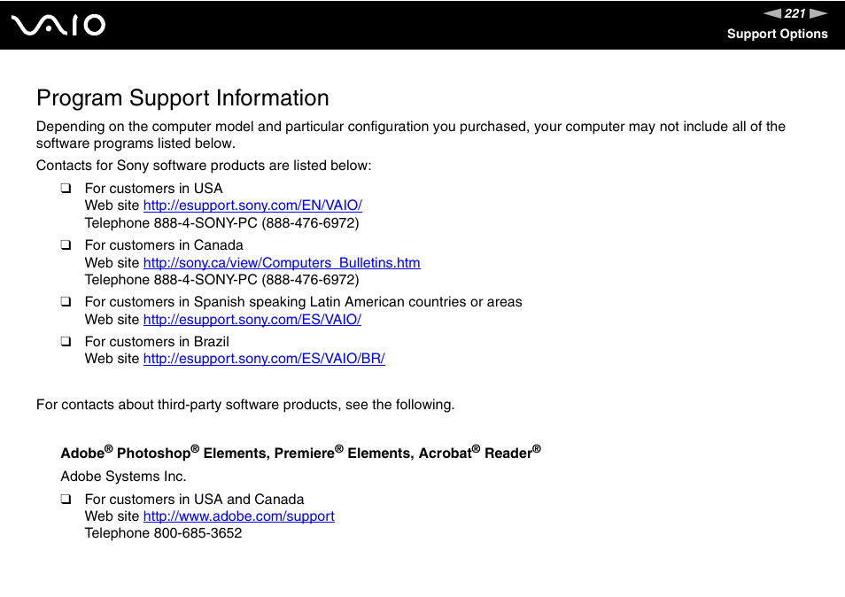 Program support information | Sony VAIO VGN-SZ700 User Manual | Page 221 / 235