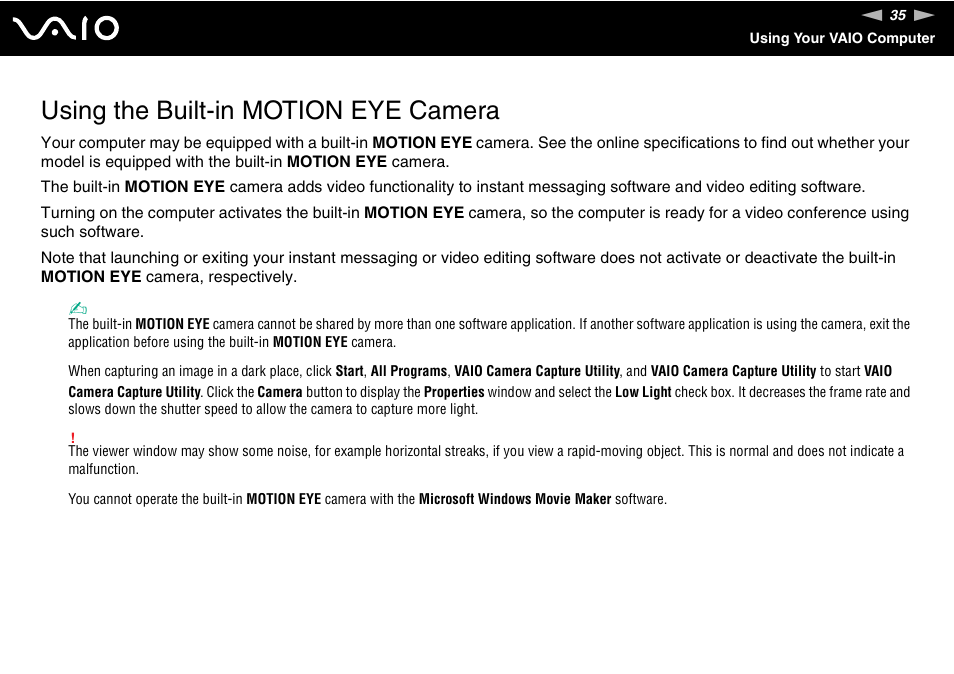 Using the built-in motion eye camera | Sony VAIO VGN-SZ700 User Manual | Page 35 / 235