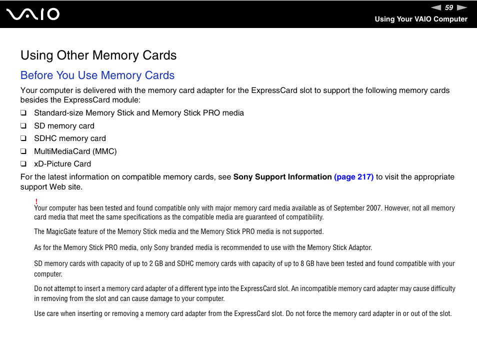 Using other memory cards | Sony VAIO VGN-SZ700 User Manual | Page 59 / 235