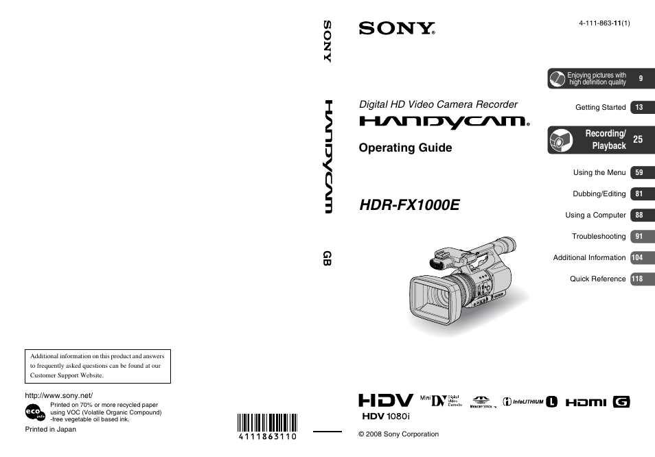 Sony HANDYCAM HDR-FX1000E User Manual | 131 pages