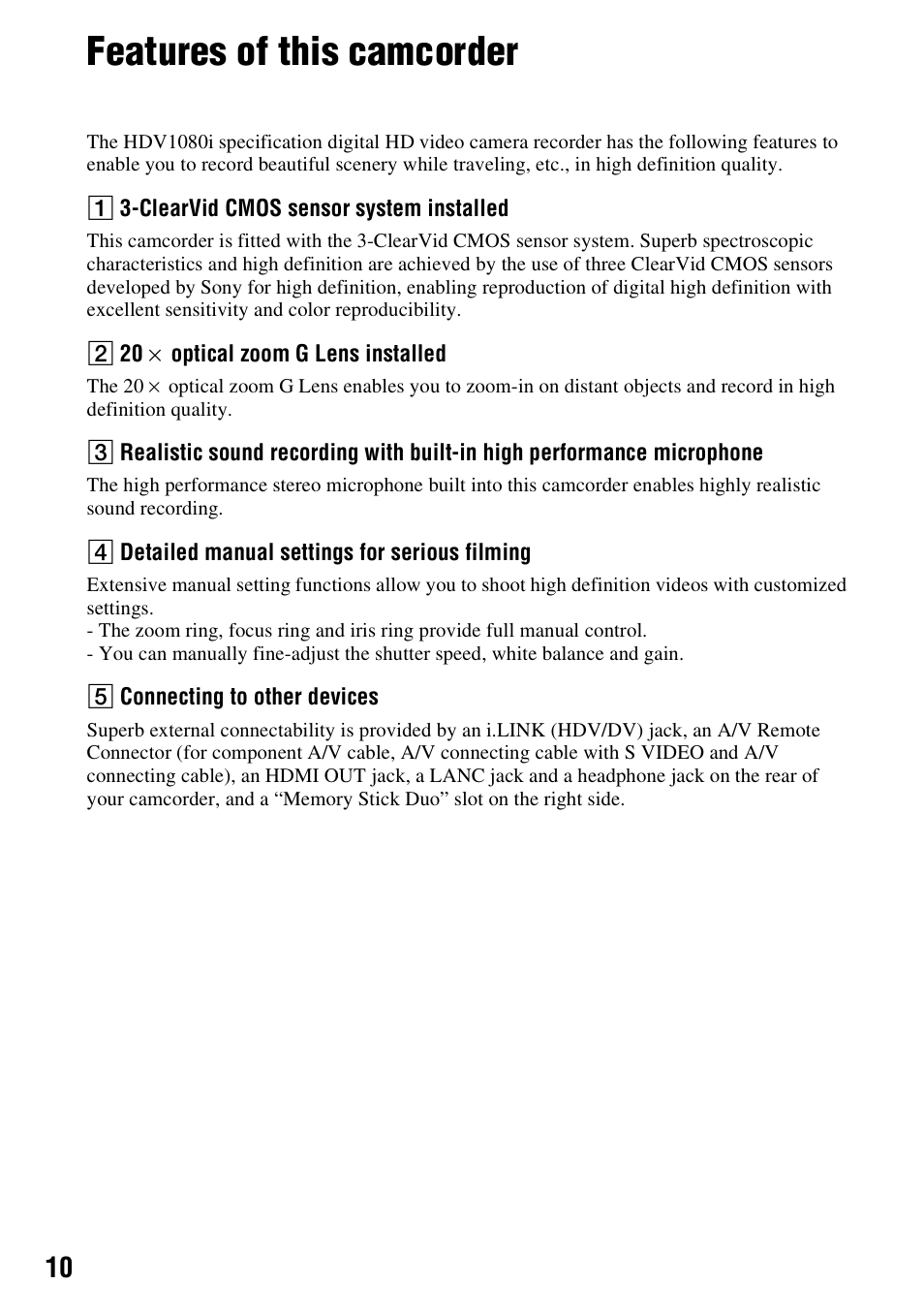 Features of this camcorder | Sony HANDYCAM HDR-FX1000E User Manual | Page 10 / 131