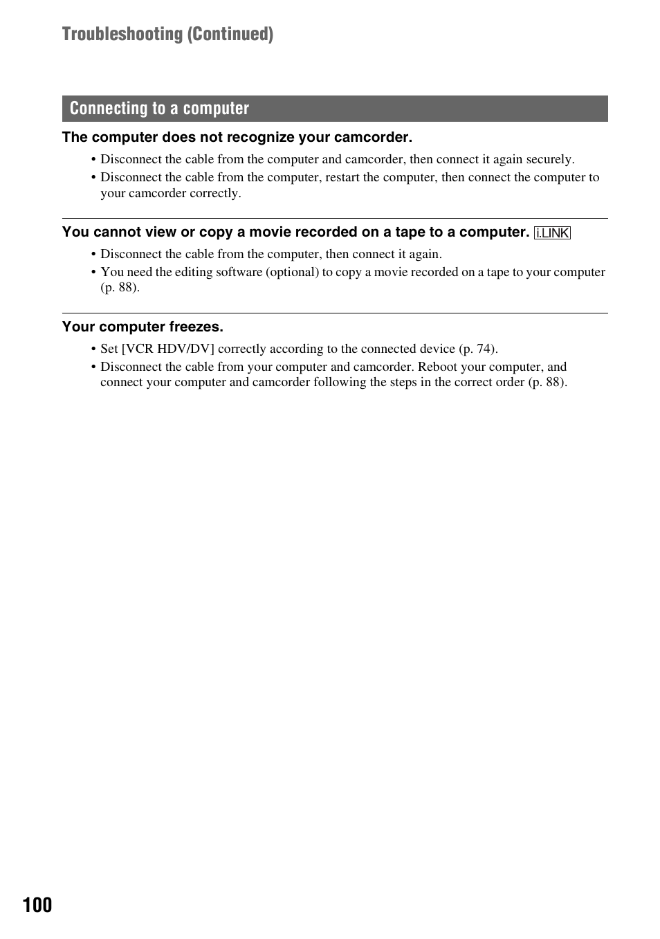 P. 100, Troubleshooting (continued) | Sony HANDYCAM HDR-FX1000E User Manual | Page 100 / 131