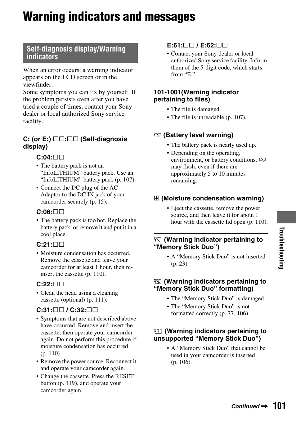 Warning indicators and messages, Self-diagnosis display/warning indicators | Sony HANDYCAM HDR-FX1000E User Manual | Page 101 / 131