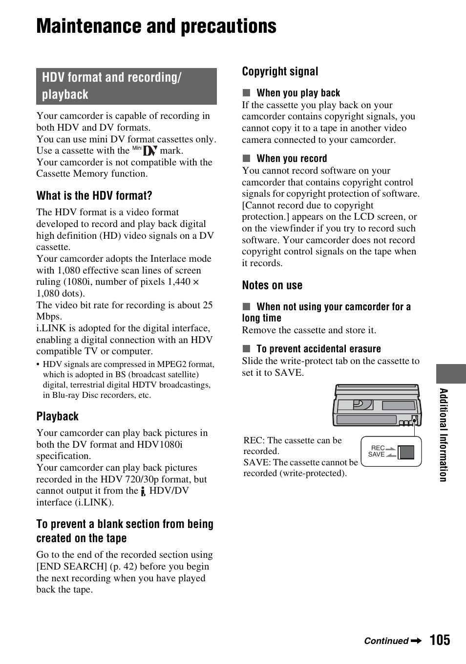 Maintenance and precautions, Hdv format and recording/ playback, Hdv format and recording/playback | P. 105, P. 105) | Sony HANDYCAM HDR-FX1000E User Manual | Page 105 / 131