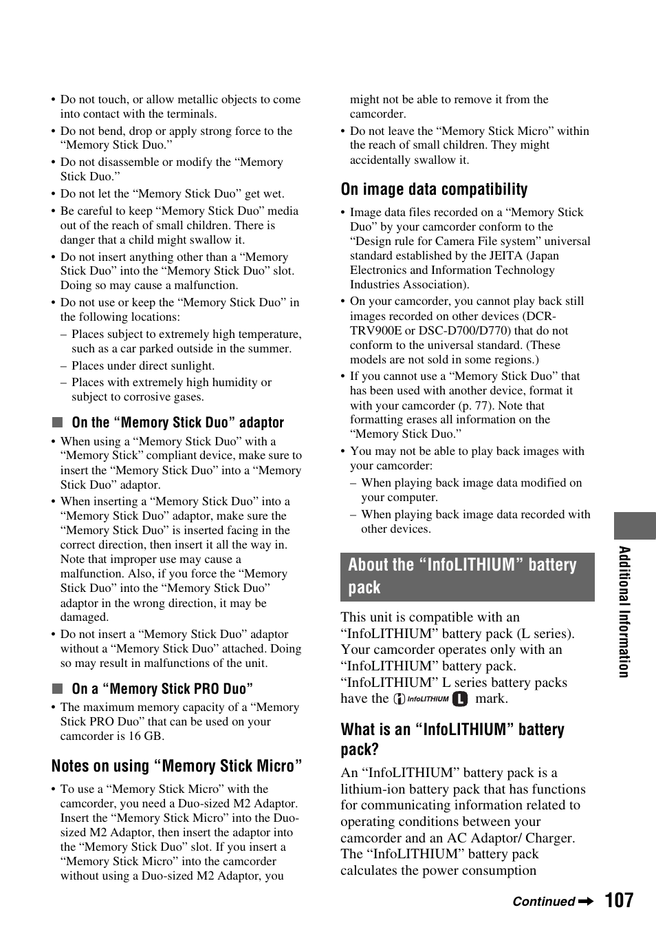 About the “infolithium” battery pack, About the “infolithium” battery packv, On (p. 107) | P. 107, On image data compatibility, What is an “infolithium” battery pack | Sony HANDYCAM HDR-FX1000E User Manual | Page 107 / 131