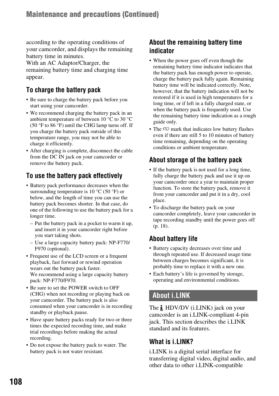 About i.link, Maintenance and precautions ( continued), About the remaining battery time indicator | About storage of the battery pack, About battery life, What is i.link | Sony HANDYCAM HDR-FX1000E User Manual | Page 108 / 131