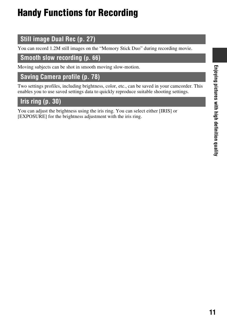 Handy functions for recording, Saving camera profile (p. 78) iris ring ( p. 30 ) | Sony HANDYCAM HDR-FX1000E User Manual | Page 11 / 131