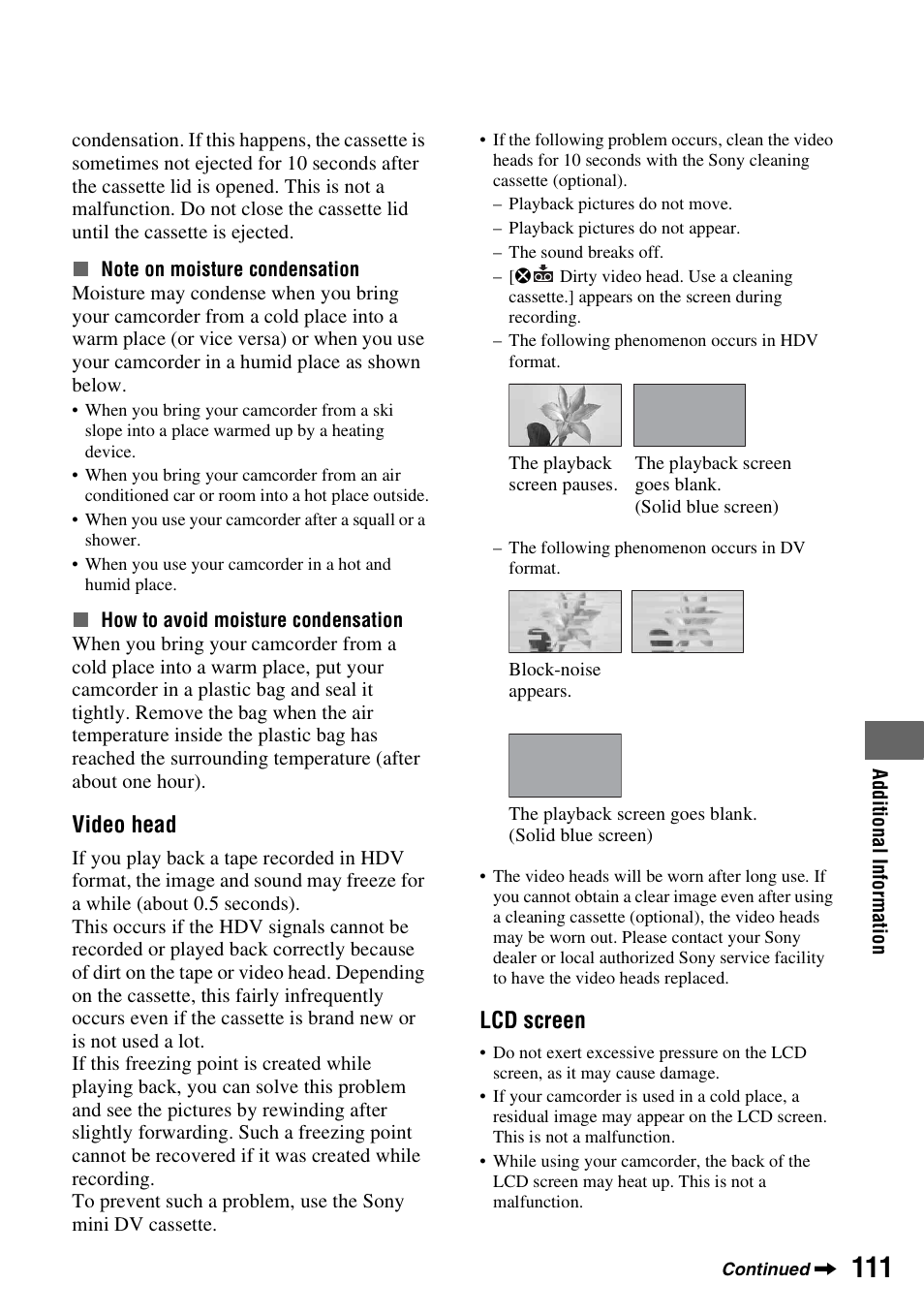 P. 111, Y (p. 111, P. 111) | Video head, Lcd screen | Sony HANDYCAM HDR-FX1000E User Manual | Page 111 / 131