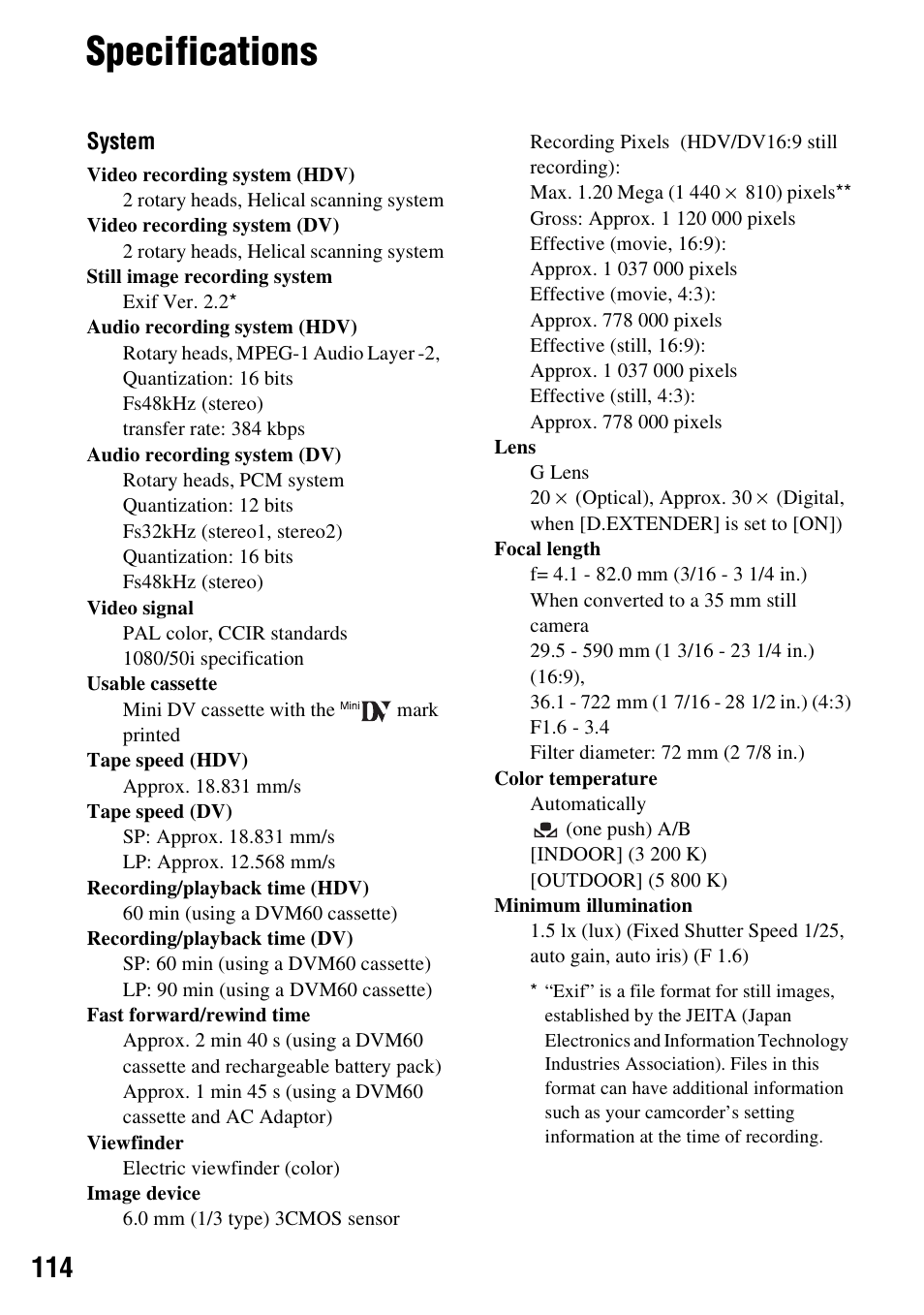 Specifications | Sony HANDYCAM HDR-FX1000E User Manual | Page 114 / 131