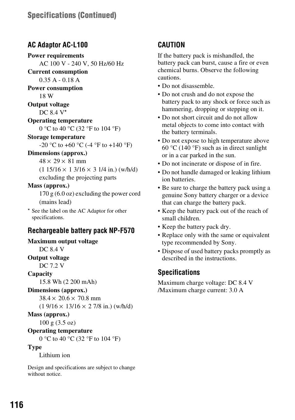 Specifications (continued) | Sony HANDYCAM HDR-FX1000E User Manual | Page 116 / 131