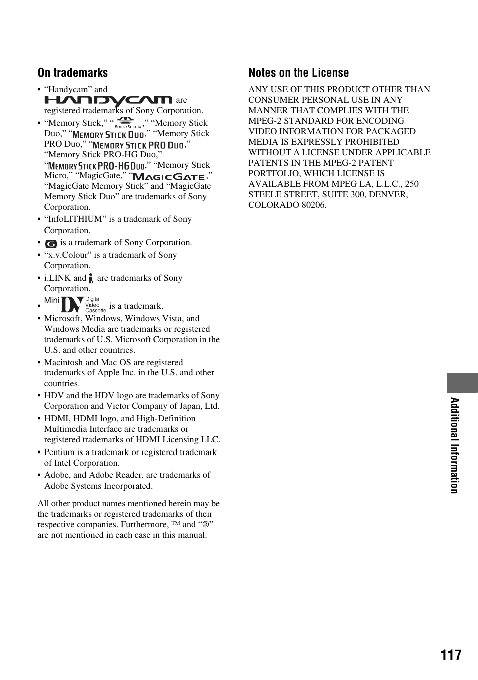 On trademarks | Sony HANDYCAM HDR-FX1000E User Manual | Page 117 / 131