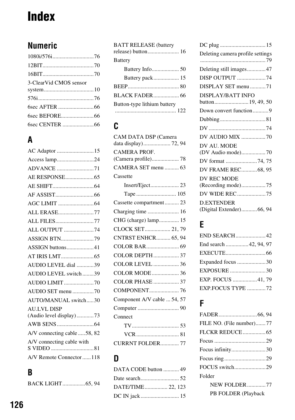 Index, Numeric | Sony HANDYCAM HDR-FX1000E User Manual | Page 126 / 131