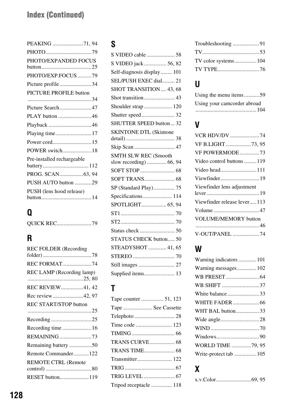 Index (continued) | Sony HANDYCAM HDR-FX1000E User Manual | Page 128 / 131