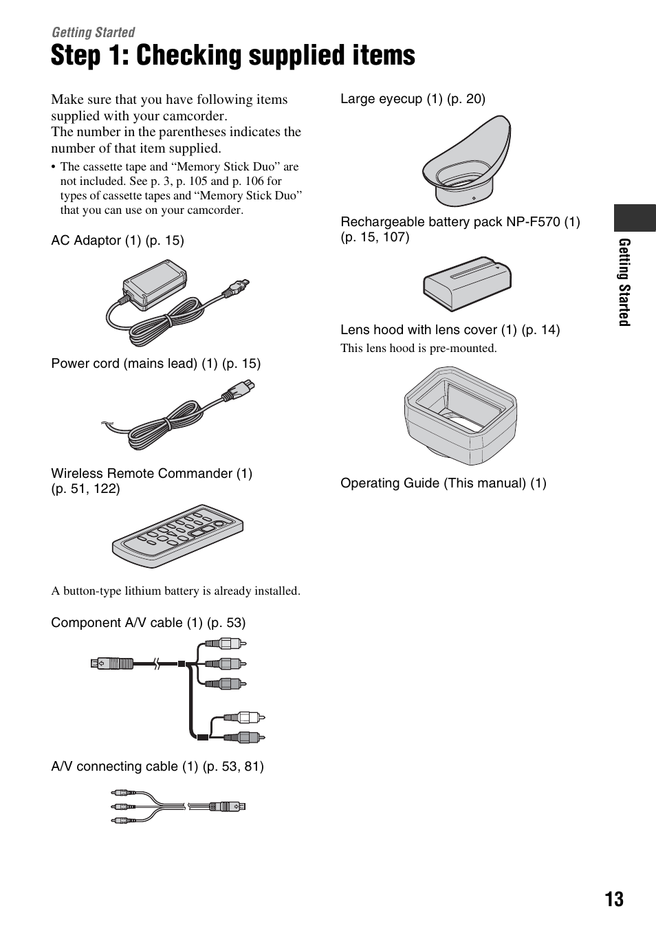 Getting started, Step 1: checking supplied items | Sony HANDYCAM HDR-FX1000E User Manual | Page 13 / 131