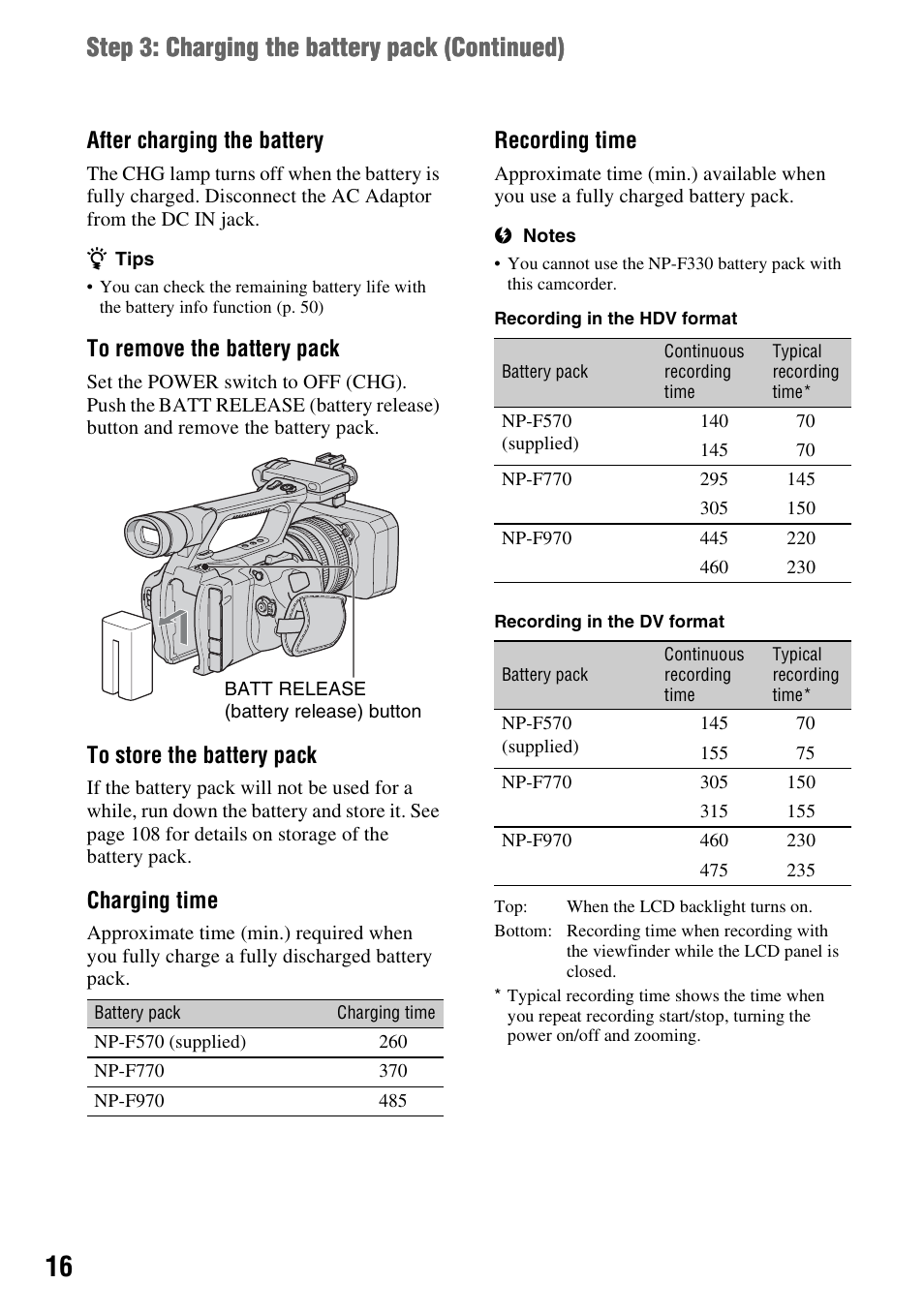 Step 3: charging the battery pack (continued), After charging the battery, Charging time | Recording time | Sony HANDYCAM HDR-FX1000E User Manual | Page 16 / 131