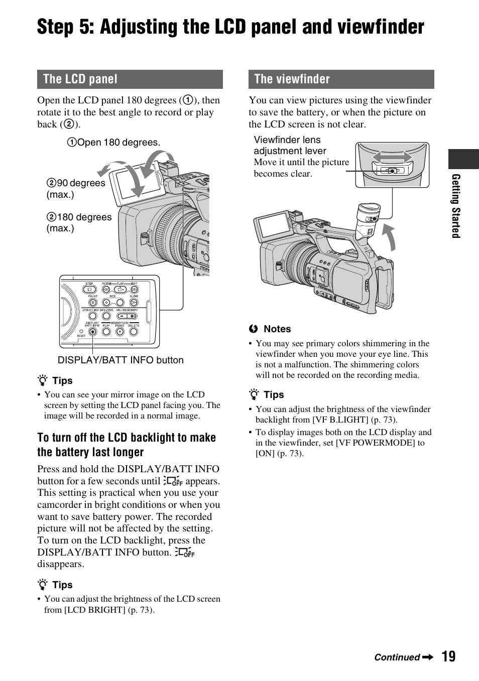 Step 5: adjusting the lcd panel and viewfinder, The lcd panel, The viewfinder | Sony HANDYCAM HDR-FX1000E User Manual | Page 19 / 131