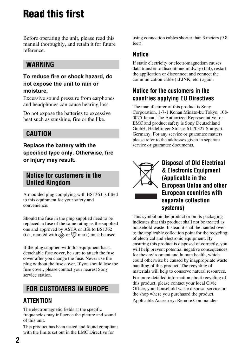 Read this first | Sony HANDYCAM HDR-FX1000E User Manual | Page 2 / 131