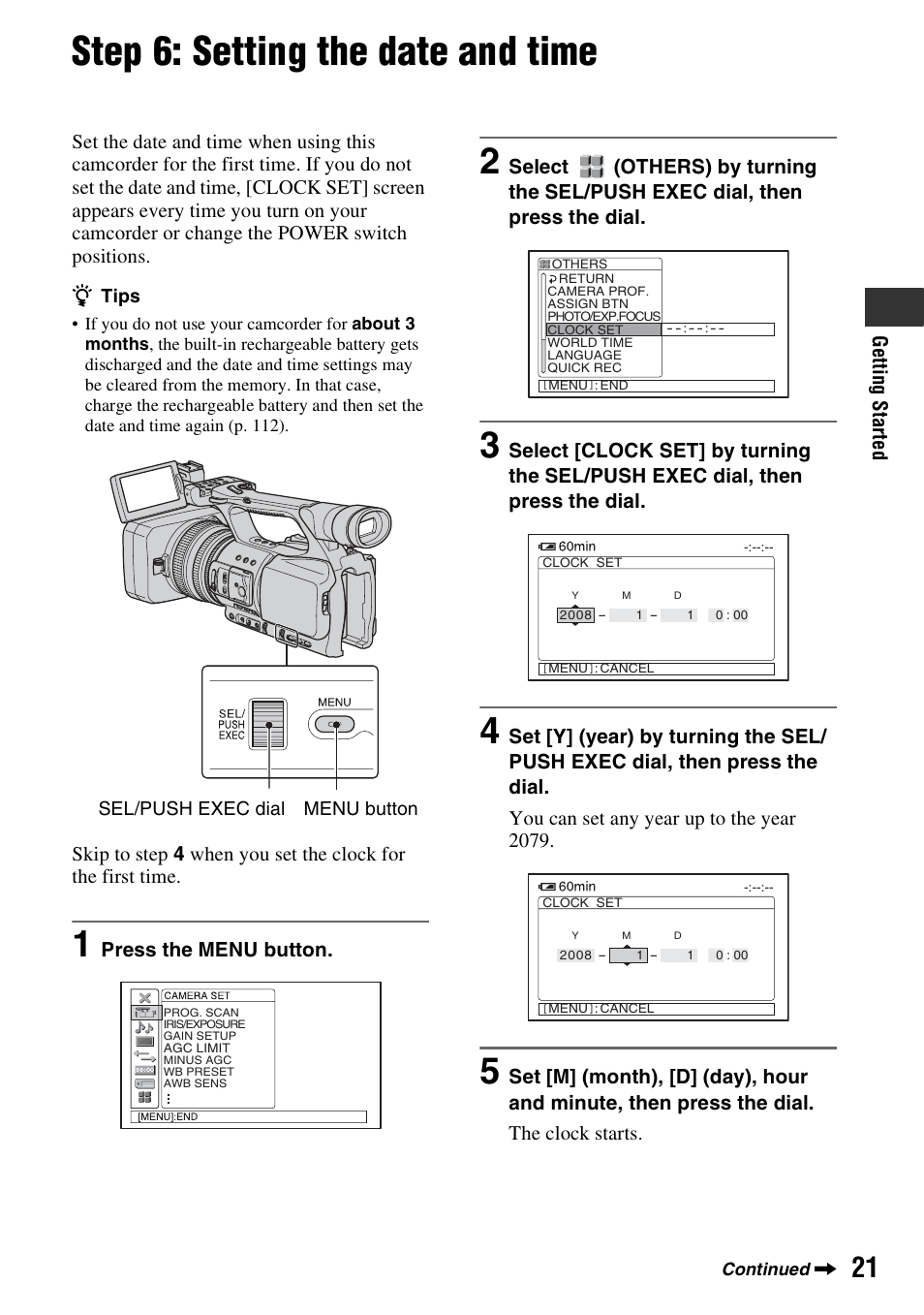 Step 6: setting the date and time, P. 21 | Sony HANDYCAM HDR-FX1000E User Manual | Page 21 / 131