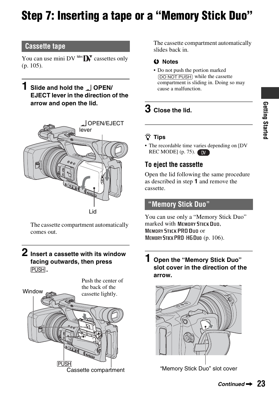 Step 7: inserting a tape or a “memory stick duo | Sony HANDYCAM HDR-FX1000E User Manual | Page 23 / 131