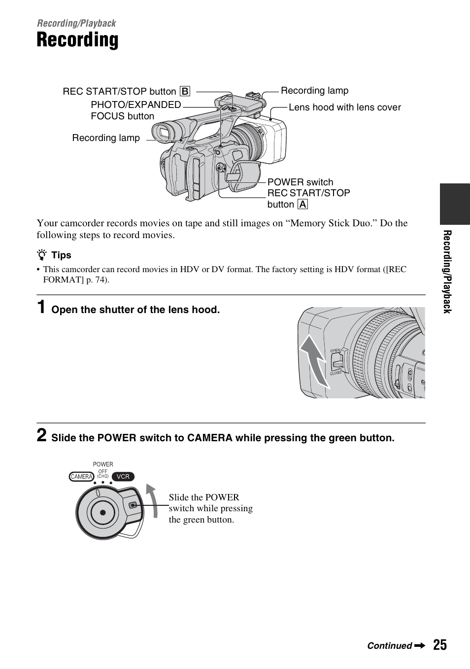 Recording/playback, Recording, Playback | Sony HANDYCAM HDR-FX1000E User Manual | Page 25 / 131