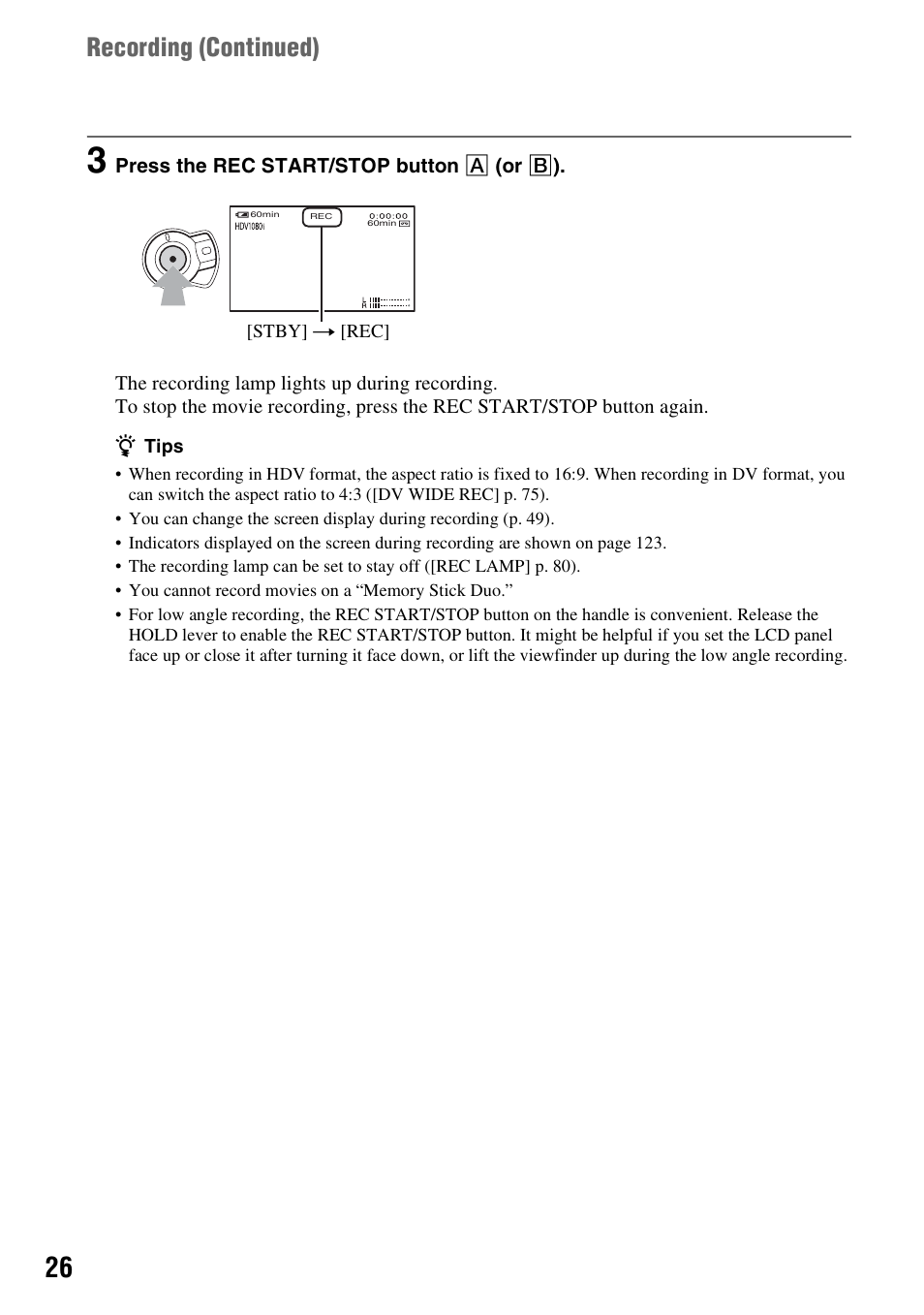 Recording ( continued) | Sony HANDYCAM HDR-FX1000E User Manual | Page 26 / 131