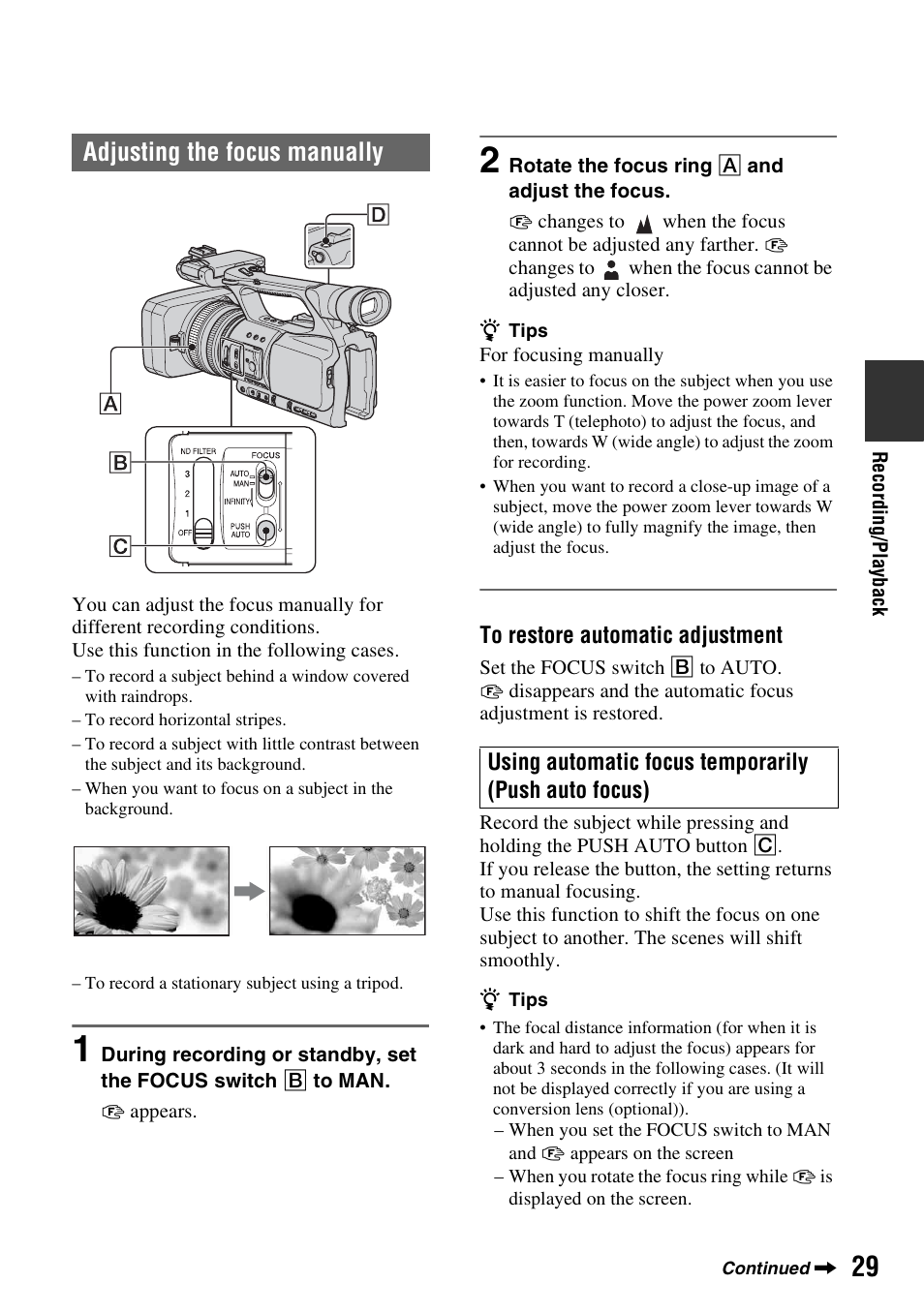 Adjusting the focus manually | Sony HANDYCAM HDR-FX1000E User Manual | Page 29 / 131