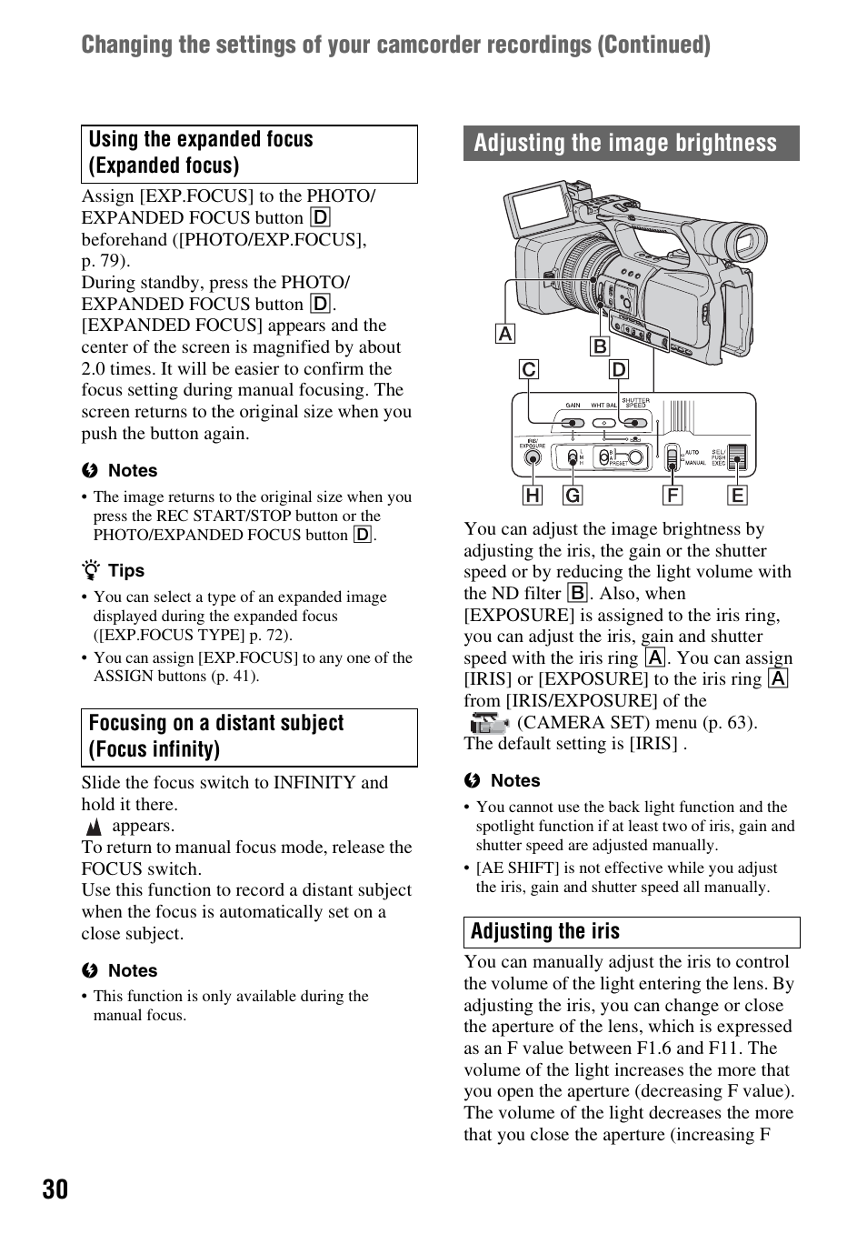 Adjusting the image brightness, P. 30 | Sony HANDYCAM HDR-FX1000E User Manual | Page 30 / 131