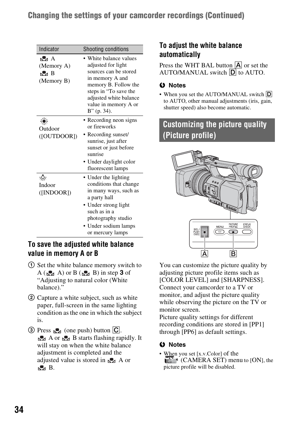 Customizing the picture quality (picture profile) | Sony HANDYCAM HDR-FX1000E User Manual | Page 34 / 131