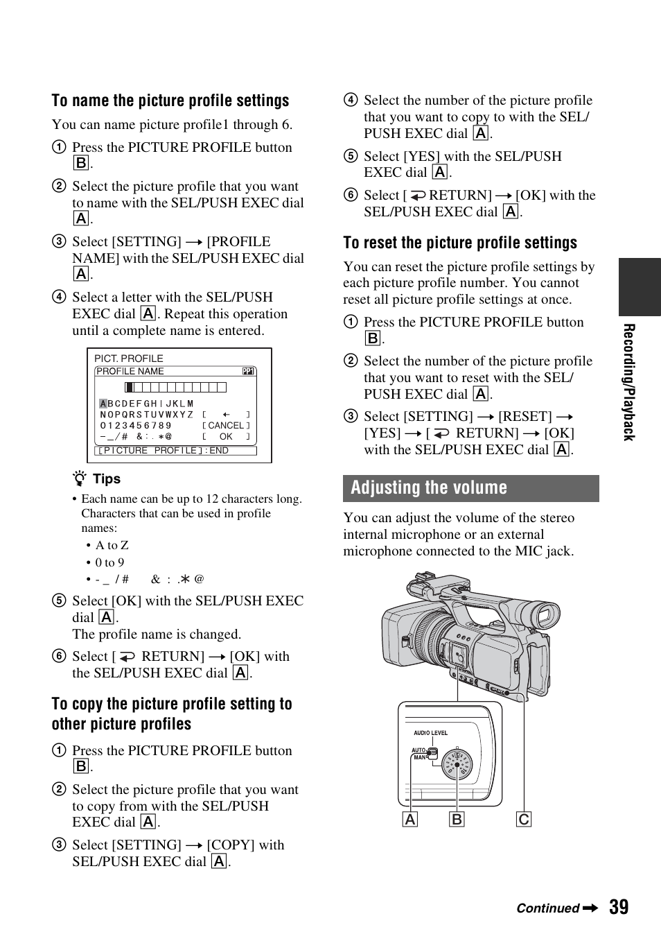 Adjusting the volume | Sony HANDYCAM HDR-FX1000E User Manual | Page 39 / 131