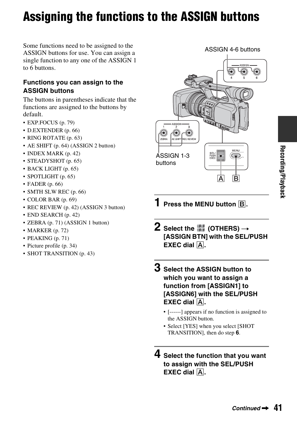 Assigning the functions to the assign buttons, P. 41) | Sony HANDYCAM HDR-FX1000E User Manual | Page 41 / 131