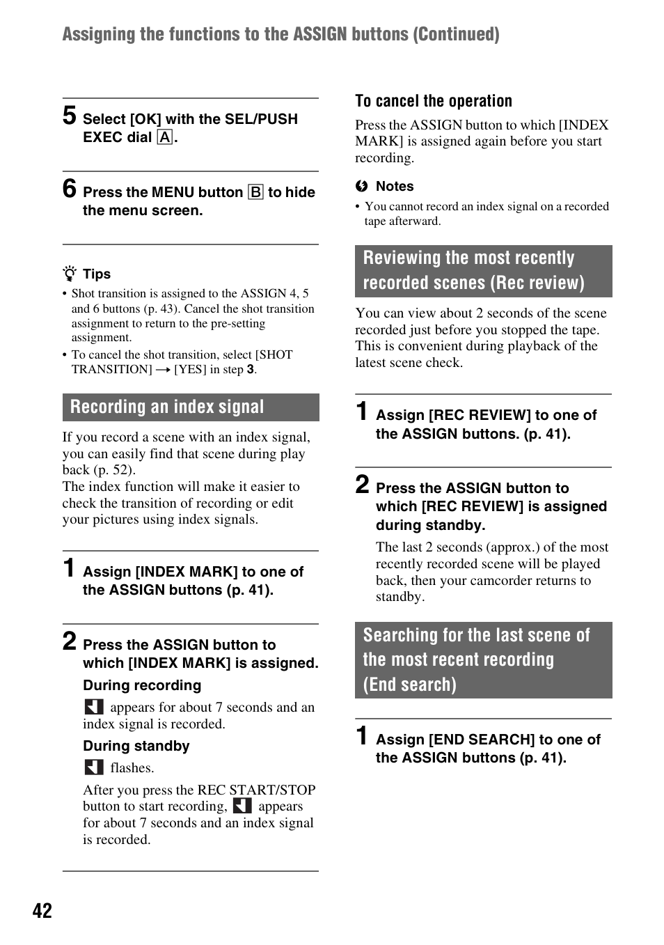 Recording an index signal, End search), Rk (p. 42) | P. 42) | Sony HANDYCAM HDR-FX1000E User Manual | Page 42 / 131