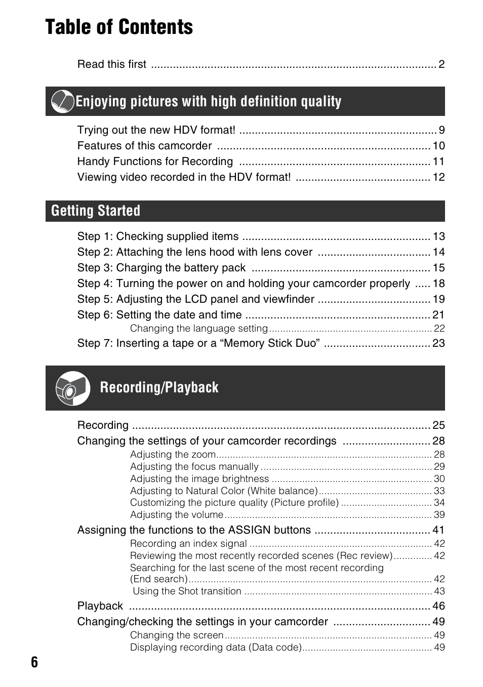 Sony HANDYCAM HDR-FX1000E User Manual | Page 6 / 131