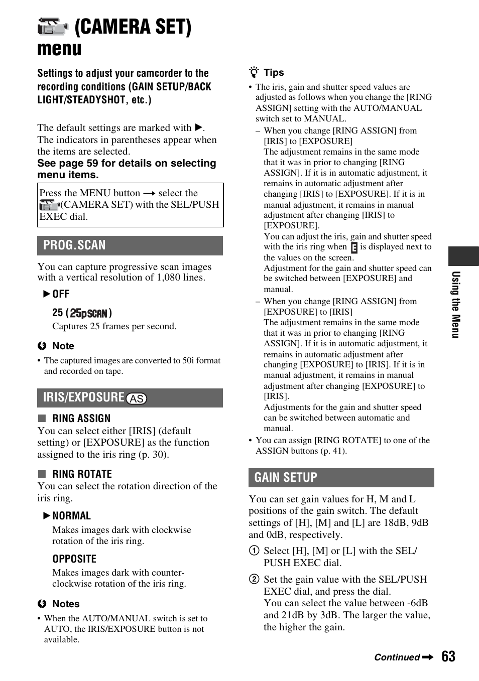 Camera set) menu, P. 63), P. 63 | Prog.scan iris/exposure, Gain setup | Sony HANDYCAM HDR-FX1000E User Manual | Page 63 / 131