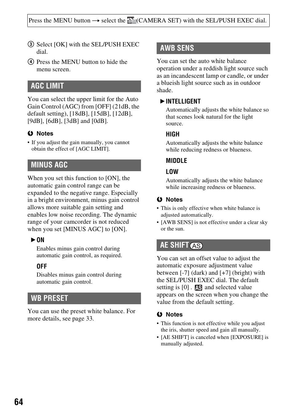 P. 64), Agc limit minus agc wb preset awb sens ae shift | Sony HANDYCAM HDR-FX1000E User Manual | Page 64 / 131