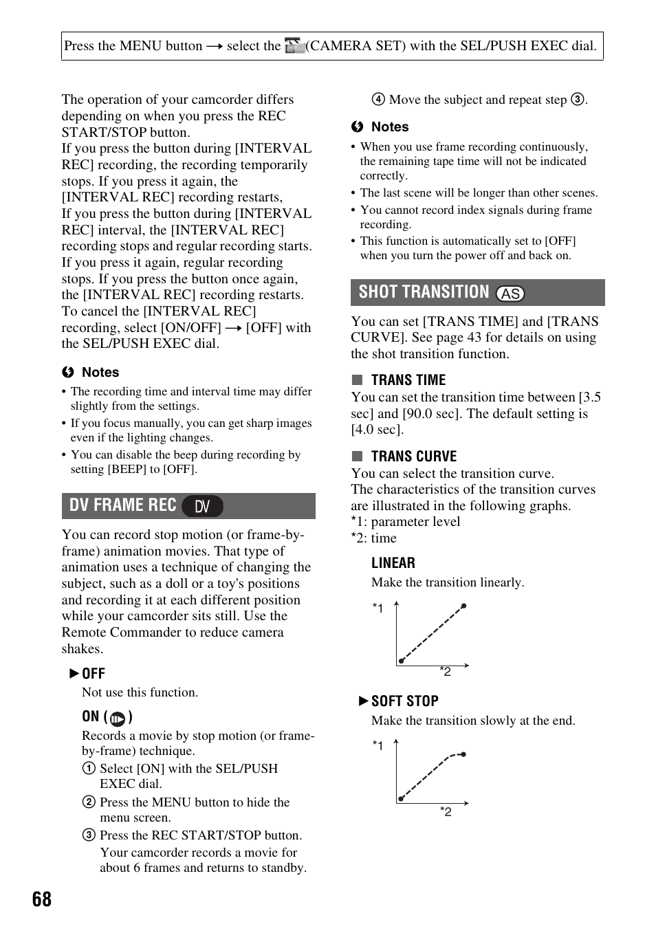 P. 68, P. 68), Dv frame rec shot transition | Sony HANDYCAM HDR-FX1000E User Manual | Page 68 / 131