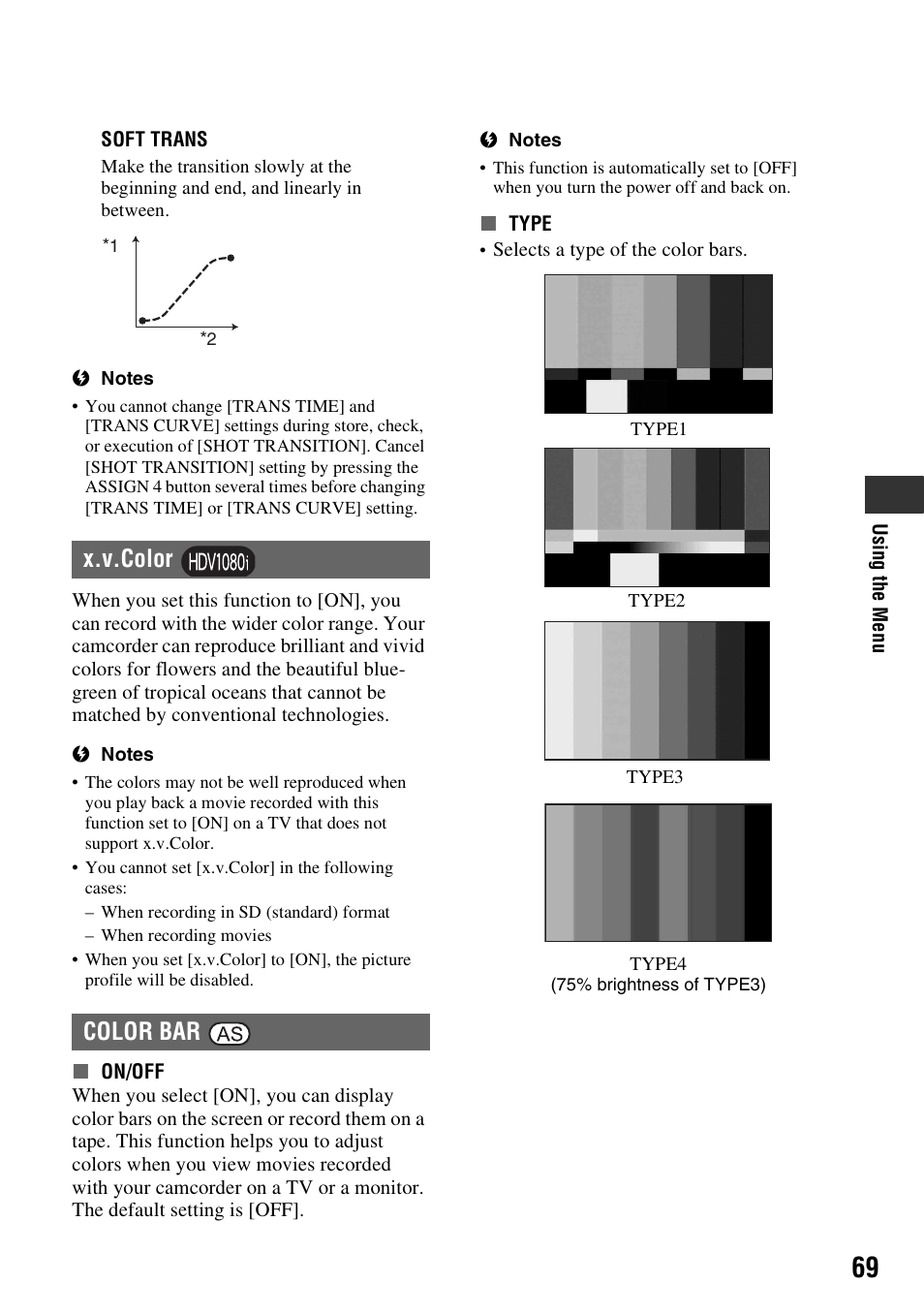 P. 69), X.v.color color bar | Sony HANDYCAM HDR-FX1000E User Manual | Page 69 / 131