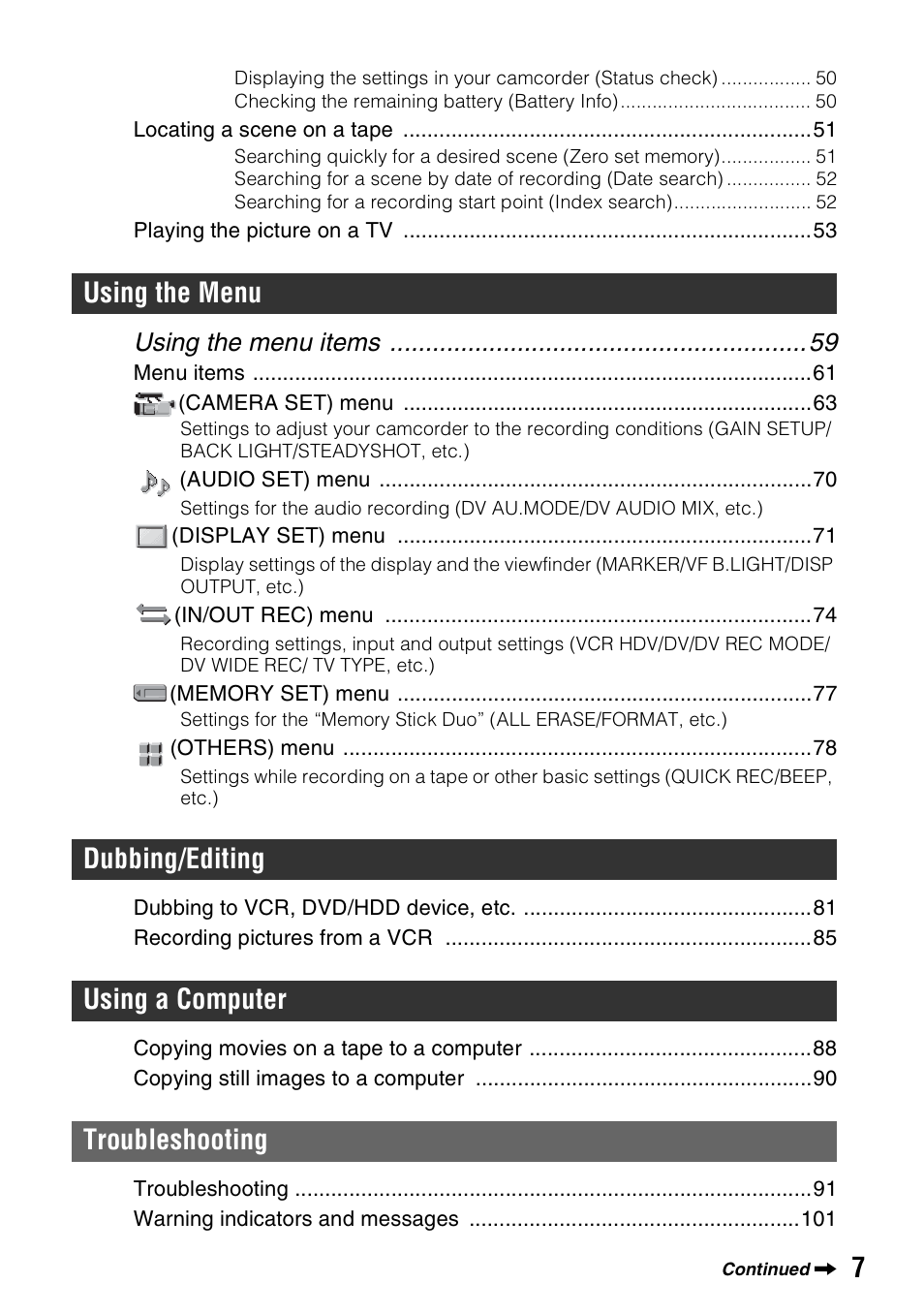 Using the menu items | Sony HANDYCAM HDR-FX1000E User Manual | Page 7 / 131