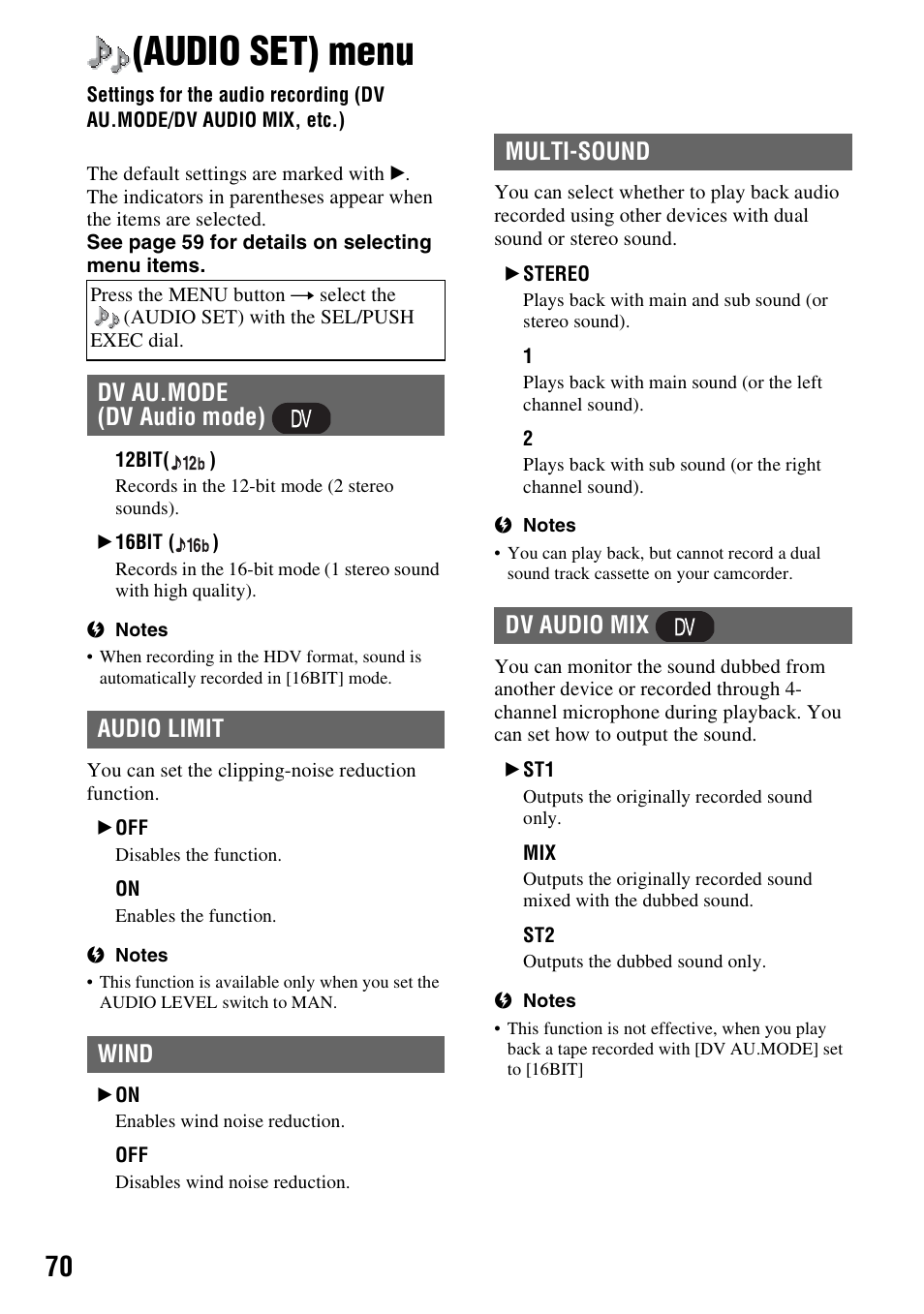 Audio set) menu, P. 70), Audio set (p. 70) | Dv au.mode (dv audio mode) audio limit wind, Multi-sound dv audio mix | Sony HANDYCAM HDR-FX1000E User Manual | Page 70 / 131