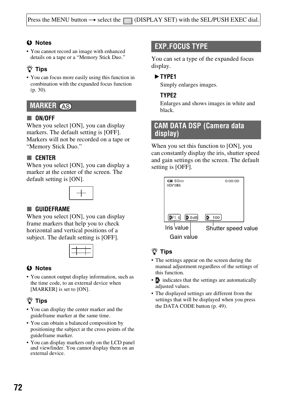 P. 72), R (p. 72) | Sony HANDYCAM HDR-FX1000E User Manual | Page 72 / 131