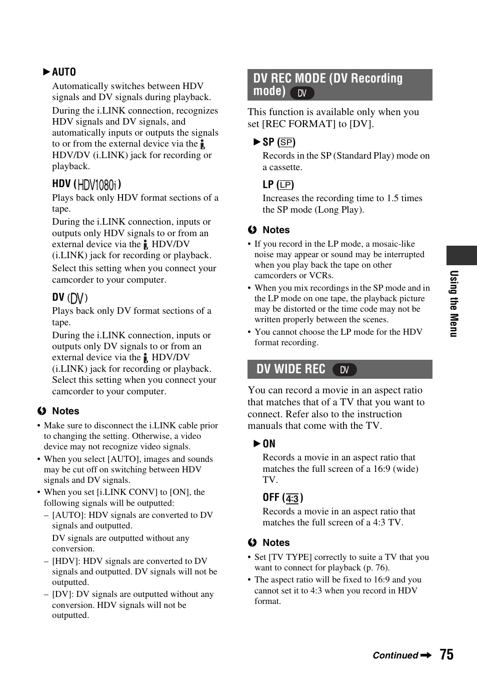 P. 75), Dv rec mode (dv recording mode) dv wide rec | Sony HANDYCAM HDR-FX1000E User Manual | Page 75 / 131